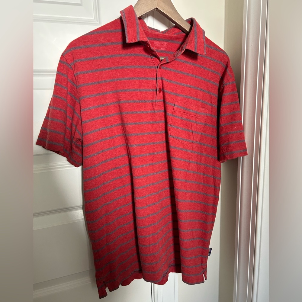 Patagonia Men’s Organic Cotton Polo Shirt Red Blue Striped Size L